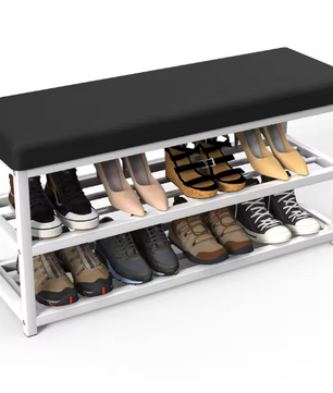 Schoenenbank met Opbergrek – 2 Laags, Met Zacht Zitkussen en Stalen Frame