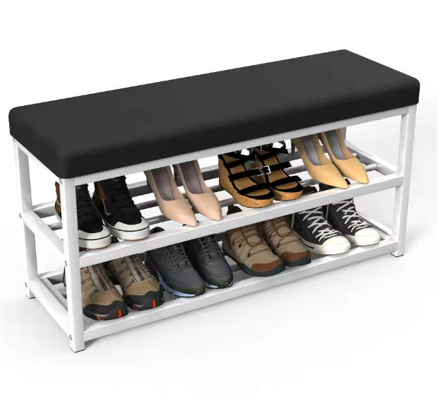 Schoenenbank met Opbergrek – 2 Laags, Met Zacht Zitkussen en Stalen Frame