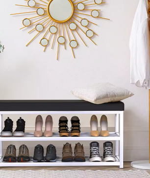 Schoenenbank met Opbergrek – 2 Laags, Met Zacht Zitkussen en Stalen Frame