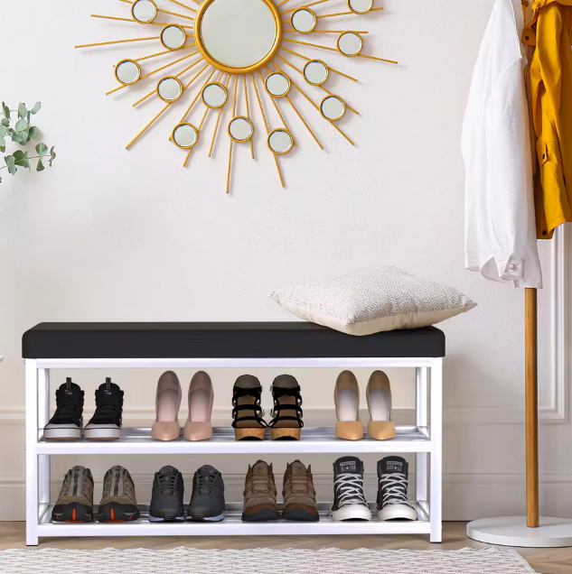 Schoenenbank met Opbergrek – 2 Laags, Met Zacht Zitkussen en Stalen Frame