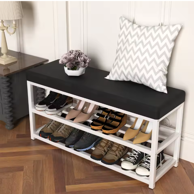 Schoenenbank met Opbergrek – 2 Laags, Met Zacht Zitkussen en Stalen Frame