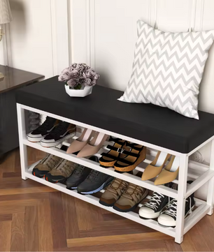 Schoenenbank met Opbergrek – 2 Laags, Met Zacht Zitkussen en Stalen Frame