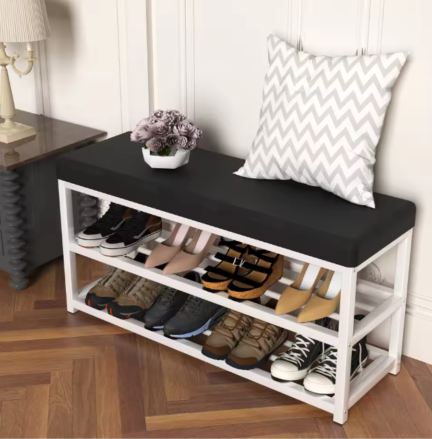 Schoenenbank met Opbergrek – 2 Laags, Met Zacht Zitkussen en Stalen Frame