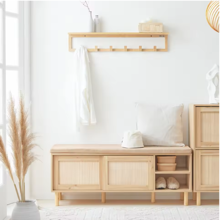 Schoenenbank met Zitting – Bambou en MDF, Met Schuifdeuren en Opbergruimte