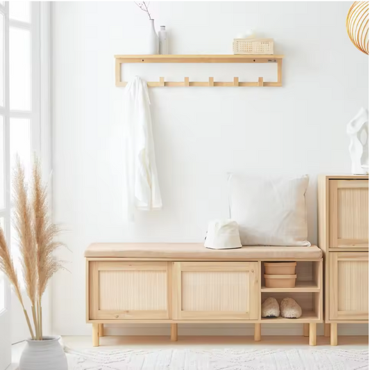 Schoenenbank met Zitting – Bambou en MDF, Met Schuifdeuren en Opbergruimte
