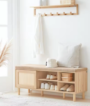 Schoenenbank met Zitting – Bambou en MDF, Met Schuifdeuren en Opbergruimte
