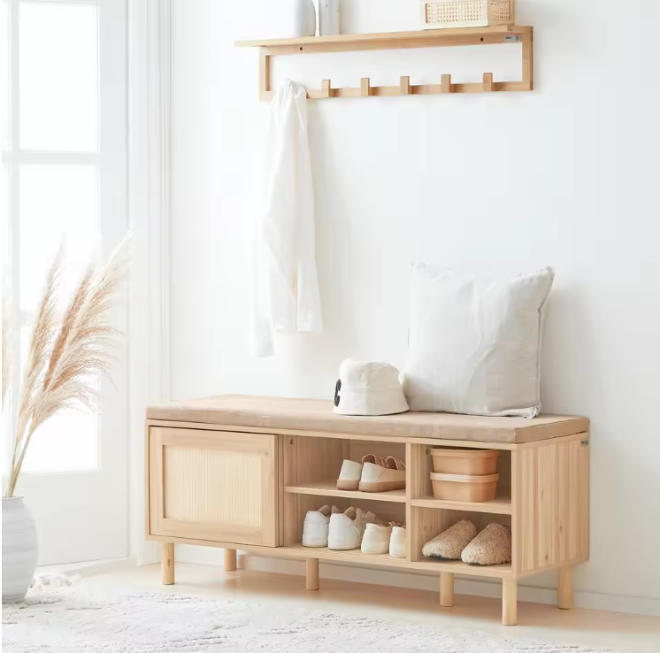 Schoenenbank met Zitting – Bambou en MDF, Met Schuifdeuren en Opbergruimte