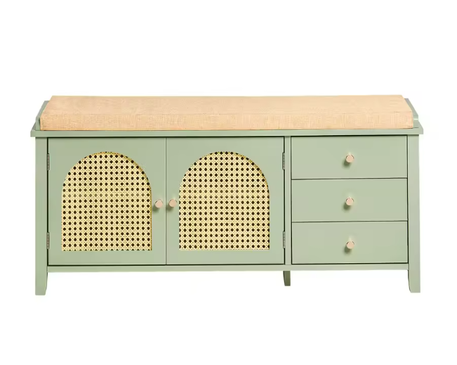 Schoenenbank met Zitting – Groen MDF, Schuifdeuren en Laden