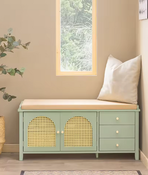 Schoenenbank met Zitting – Groen MDF, Schuifdeuren en Laden