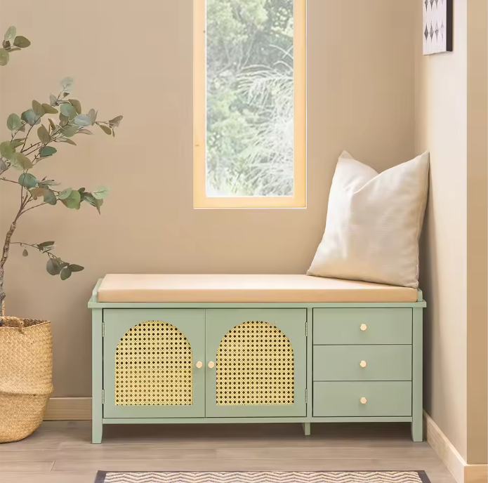Schoenenbank met Zitting – Groen MDF, Schuifdeuren en Laden