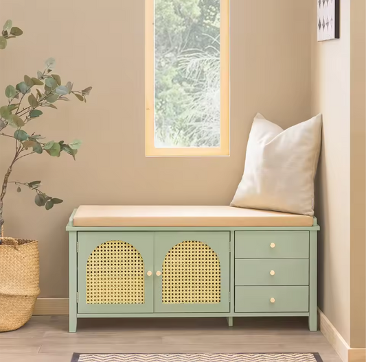 Schoenenbank met Zitting – Groen MDF, Schuifdeuren en Laden