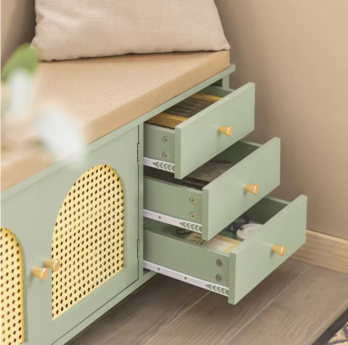 Schoenenbank met Zitting – Groen MDF, Schuifdeuren en Laden