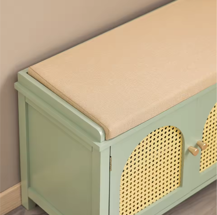 Schoenenbank met Zitting – Groen MDF, Schuifdeuren en Laden