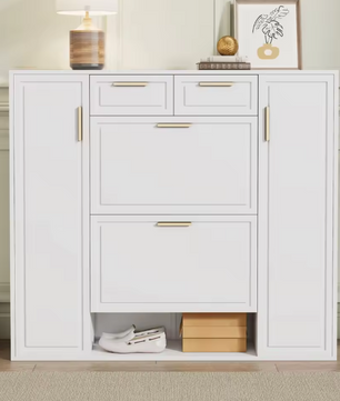 Moderne Schoenenkast met Laden en Deuren – Verstelbare Planken, Gouden Handgrepen, Wit (B120×D24×H107 cm)