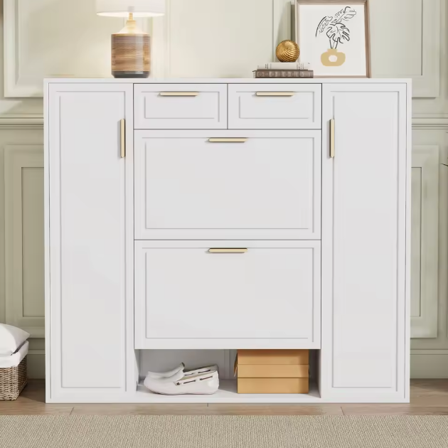 Moderne Schoenenkast met Laden en Deuren – Verstelbare Planken, Gouden Handgrepen, Wit (B120×D24×H107 cm)