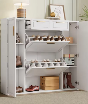 Moderne Schoenenkast met Laden en Deuren – Verstelbare Planken, Gouden Handgrepen, Wit (B120×D24×H107 cm)