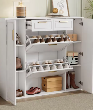 Moderne Schoenenkast met Laden en Deuren – Verstelbare Planken, Gouden Handgrepen, Wit (B120×D24×H107 cm)