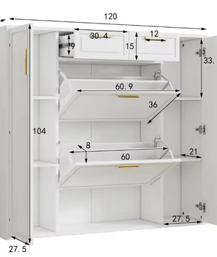 Moderne Schoenenkast met Laden en Deuren – Verstelbare Planken, Gouden Handgrepen, Wit (B120×D24×H107 cm)