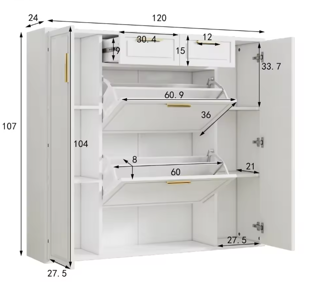 Moderne Schoenenkast met Laden en Deuren – Verstelbare Planken, Gouden Handgrepen, Wit (B120×D24×H107 cm)