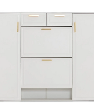 Moderne Schoenenkast met Laden en Deuren – Verstelbare Planken, Gouden Handgrepen, Wit (B120×D24×H107 cm)