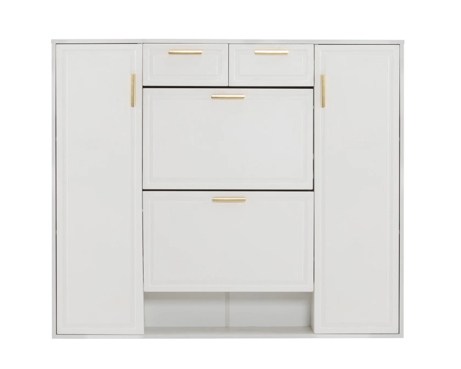 Moderne Schoenenkast met Laden en Deuren – Verstelbare Planken, Gouden Handgrepen, Wit (B120×D24×H107 cm)