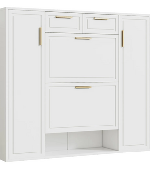 Moderne Schoenenkast met Laden en Deuren – Verstelbare Planken, Gouden Handgrepen, Wit (B120×D24×H107 cm)