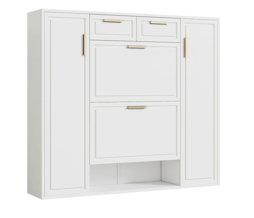 Moderne Schoenenkast met Laden en Deuren – Verstelbare Planken, Gouden Handgrepen, Wit (B120×D24×H107 cm)