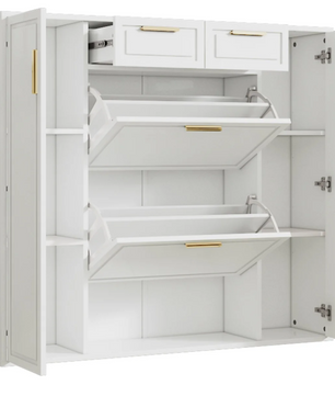 Moderne Schoenenkast met Laden en Deuren – Verstelbare Planken, Gouden Handgrepen, Wit (B120×D24×H107 cm)