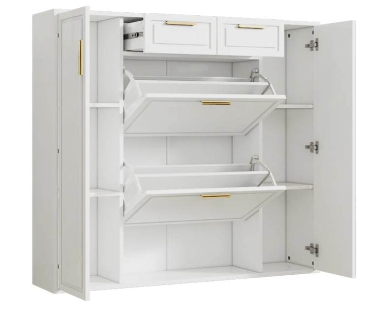 Moderne Schoenenkast met Laden en Deuren – Verstelbare Planken, Gouden Handgrepen, Wit (B120×D24×H107 cm)