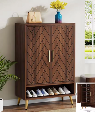 Houten Schoenenkast met Visgraat Deuren – Wit en Bruin, MDF en Metaal