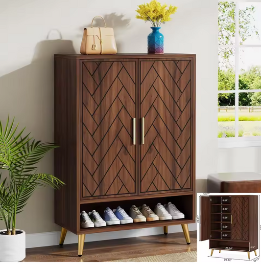 Houten Schoenenkast met Visgraat Deuren – Wit en Bruin, MDF en Metaal