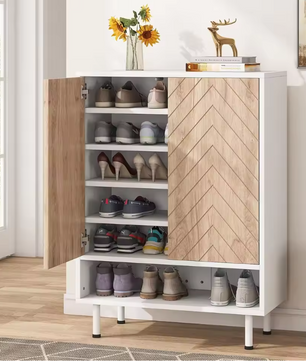 Houten Schoenenkast met Visgraat Deuren – Wit en Bruin, MDF en Metaal