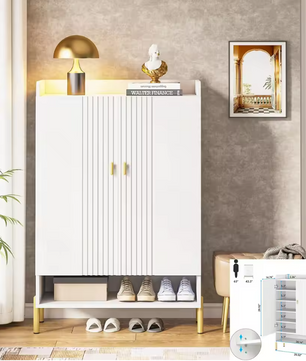 Houten Schoenenkast met Visgraat Deuren – Wit en Bruin, MDF en Metaal