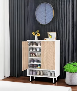 Houten Schoenenkast met Visgraat Deuren – Wit en Bruin, MDF en Metaal