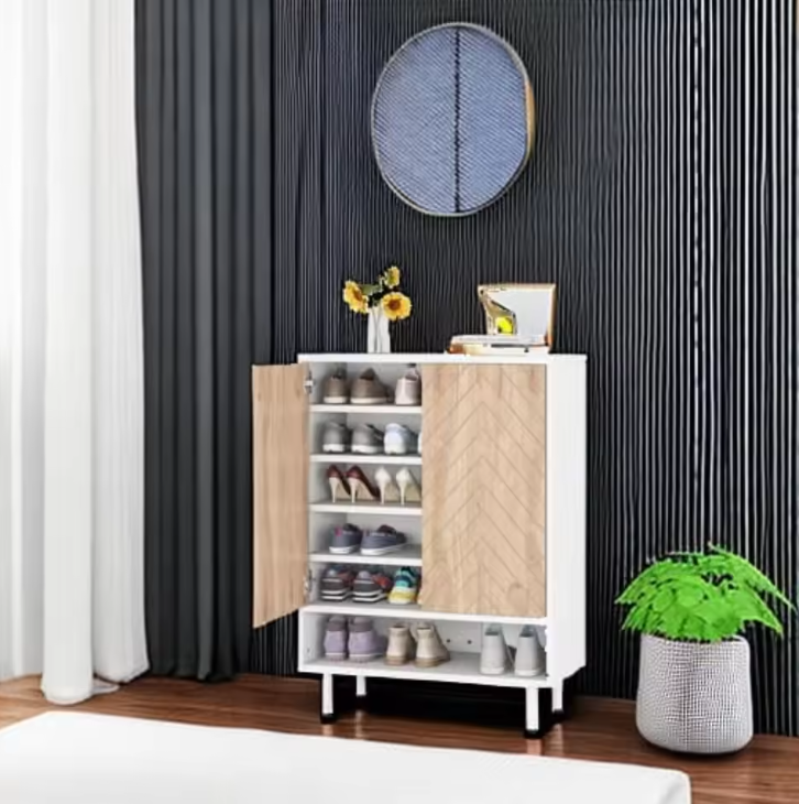 Houten Schoenenkast met Visgraat Deuren – Wit en Bruin, MDF en Metaal