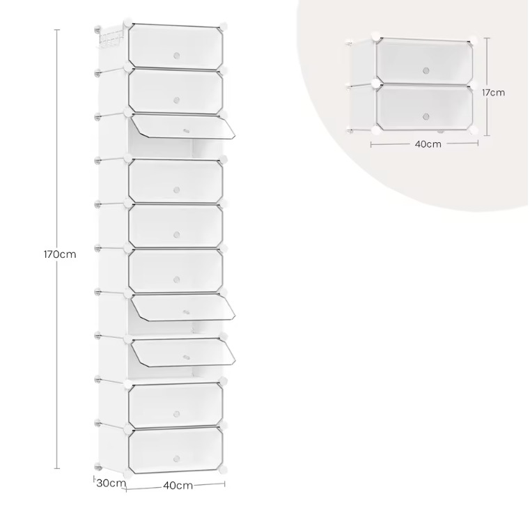Transparante Schoenenkast Set van 10 – Stapelbaar en Stofvrij (40×30×170 cm)
