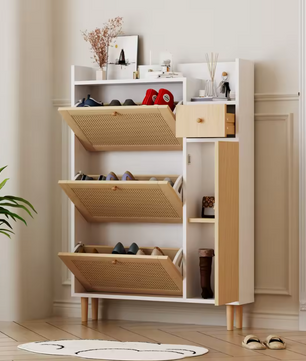 Hoge Schoenenkast met Kanteldeuren en Lade – Hout, Stof en Rotan, Voor Smalle Entrees