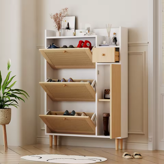 Hoge Schoenenkast met Kanteldeuren en Lade – Hout, Stof en Rotan, Voor Smalle Entrees