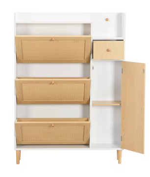 Hoge Schoenenkast met Kanteldeuren en Lade – Hout, Stof en Rotan, Voor Smalle Entrees