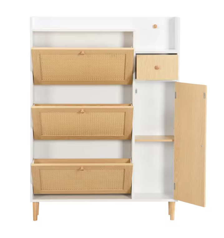 Hoge Schoenenkast met Kanteldeuren en Lade – Hout, Stof en Rotan, Voor Smalle Entrees