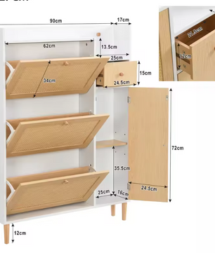 Hoge Schoenenkast met Kanteldeuren en Lade – Hout, Stof en Rotan, Voor Smalle Entrees