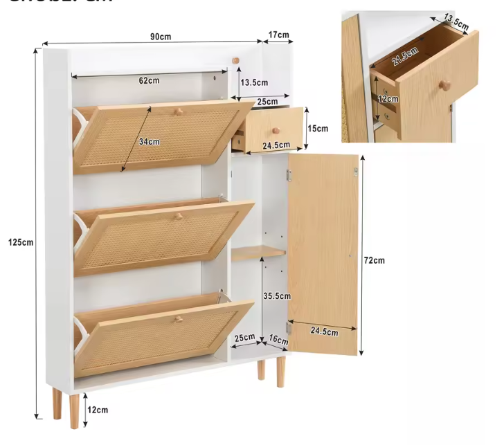 Hoge Schoenenkast met Kanteldeuren en Lade – Hout, Stof en Rotan, Voor Smalle Entrees