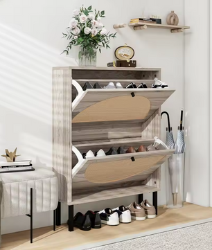 Retro Grijze Schoenenkast met 2 Deuren en Rotan Front – 60 cm