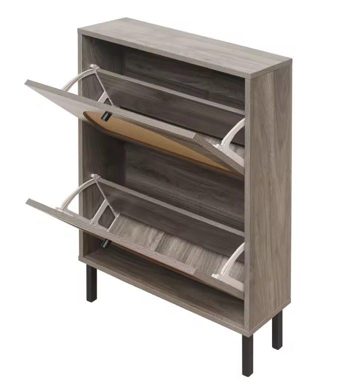 Retro Grijze Schoenenkast met 2 Deuren en Rotan Front – 60 cm