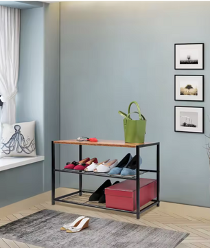 Industriële Schoenenrek met 2 Lagen – Staal en Hout, Compact Opbergsysteem