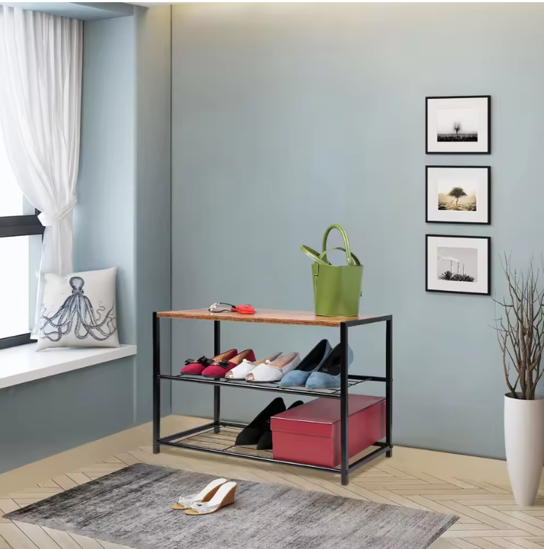Industriële Schoenenrek met 2 Lagen – Staal en Hout, Compact Opbergsysteem