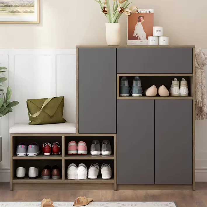 Schoenenkast met Zitbank – Wit, Met Verstelbare Planken en Comfortabel Kussen