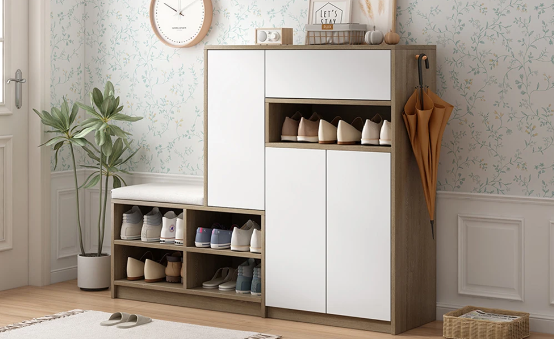 Schoenenkast met Zitbank – Wit, Met Verstelbare Planken en Comfortabel Kussen