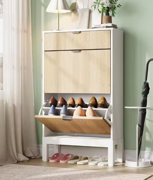 Smalle Schoenenkast met 2 Klepladen – Smal Fluted Design en Verborgen Opbergruimte