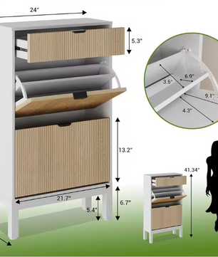 Smalle Schoenenkast met 2 Klepladen – Smal Fluted Design en Verborgen Opbergruimte